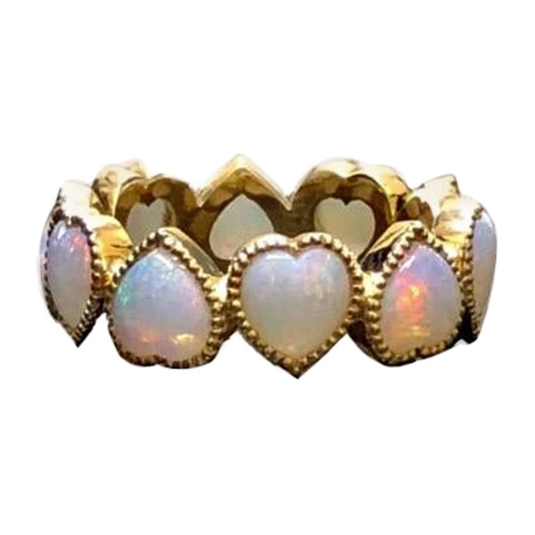 18K Yellow Gold Eternity Australian Heart Shape Opal Engagement Band For Sale