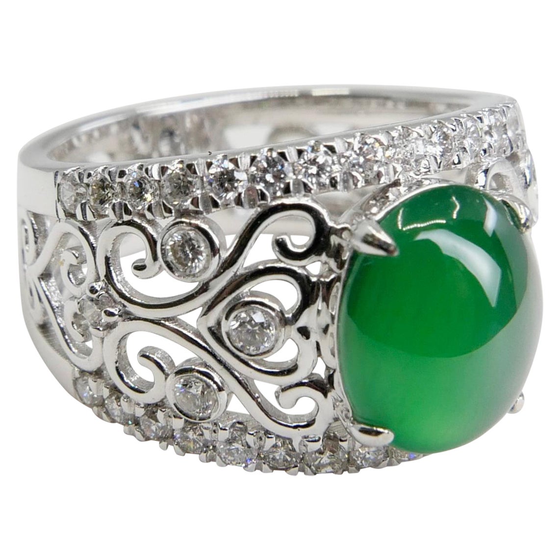 Certified Natural Jade & Diamond Cocktail Ring, Imperial Green with Super Glow!