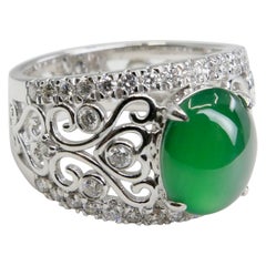 Used Certified Natural Jade & Diamond Cocktail Ring, Imperial Green with Super Glow!