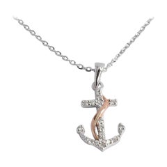 18k Gold Two-Tone Diamond Anchor Necklace Nautical Ocean Jewelry