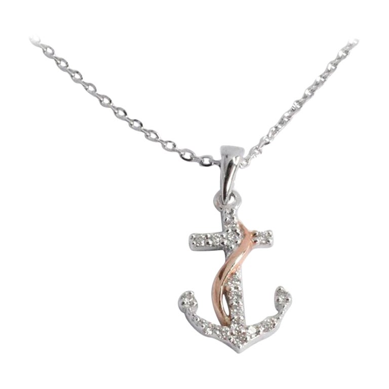 Modern 14k Gold Two-Tone Diamond Anchor Necklace Nautical Ocean Jewelry For Sale