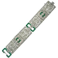 1920s French Art Deco Emerald Diamond Platinum Wide Bracelet
