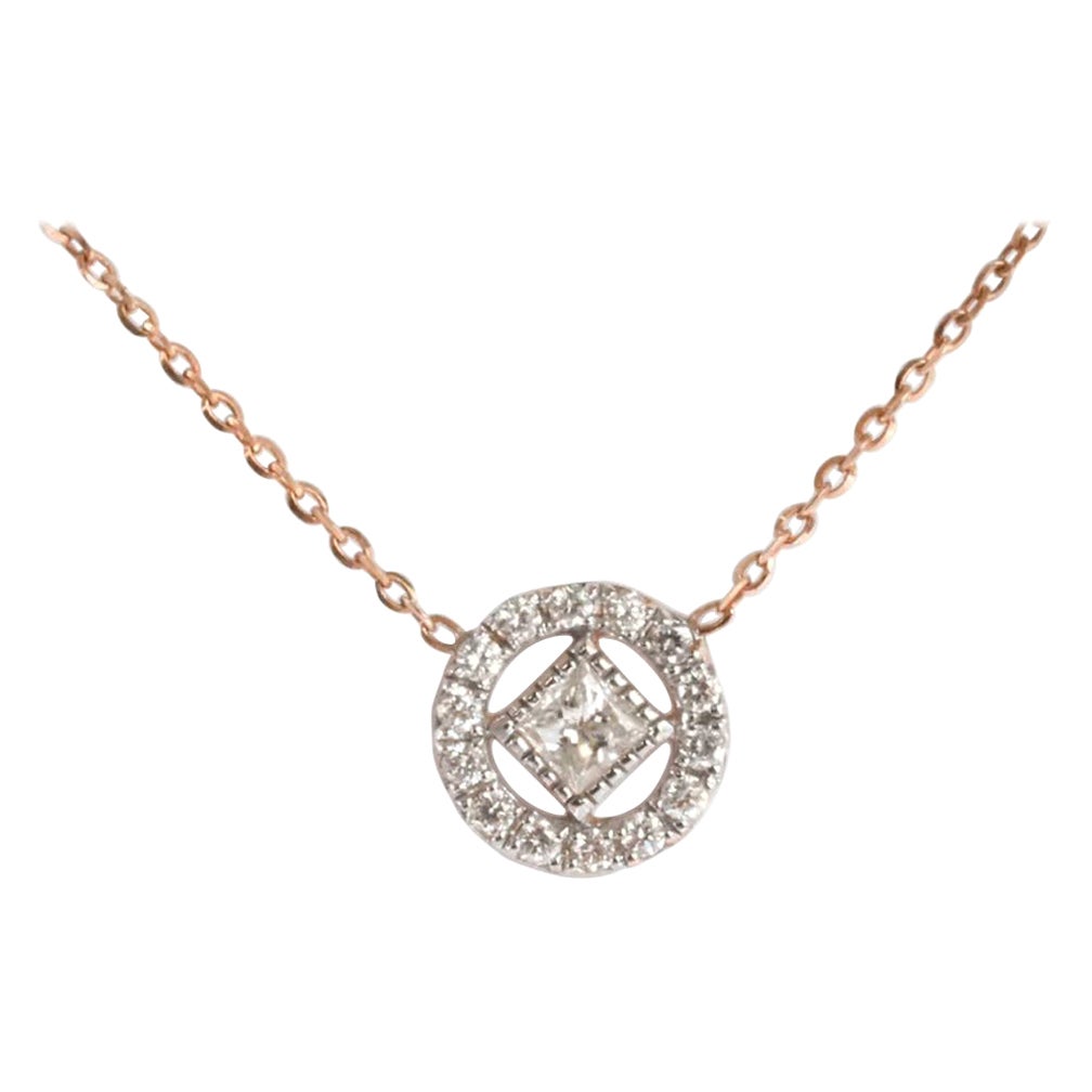 Princess Cut Halo Round Pendant Necklace is made of 14k solid gold.
Available in three colors of gold: Rose Gold / White Gold / Yellow Gold.

Natural genuine round cut diamond, each diamond is hand selected by me to ensure quality and set by a