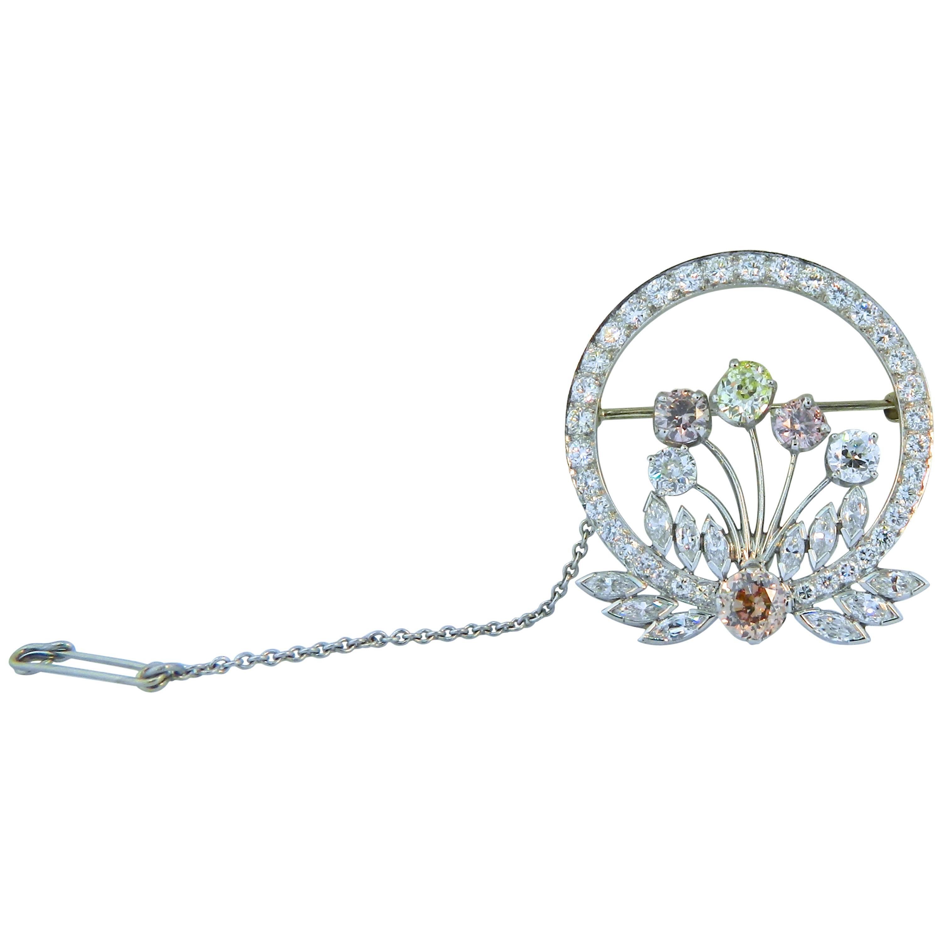 1940s Multicolor Diamond Platinum Flower Brooch  For Sale