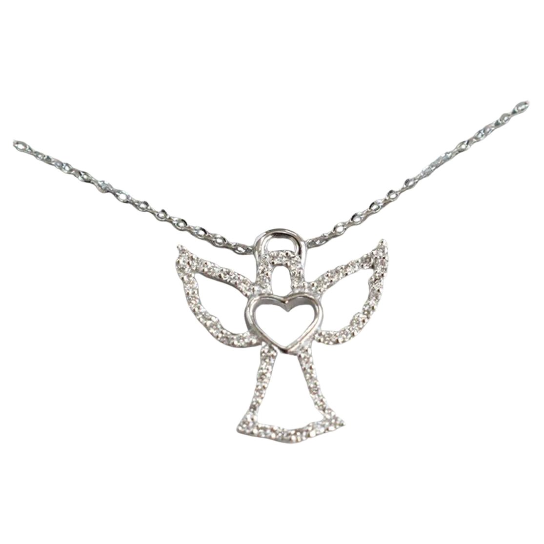 Collier pendentif en or 18k avec breloque ange en forme de cœur et diamant