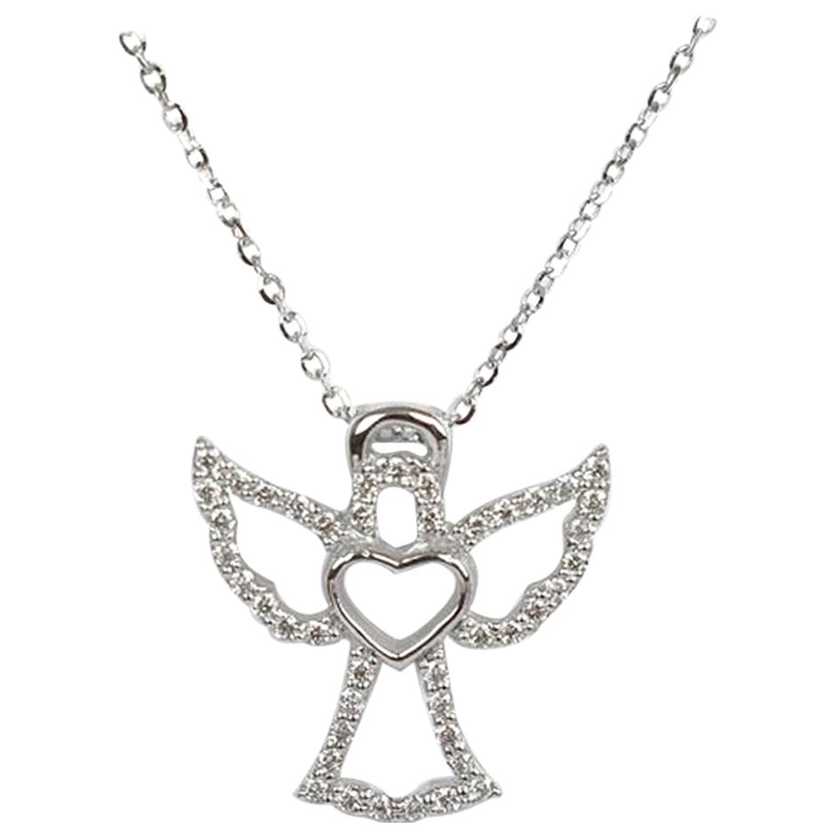 14k Gold Diamond Heart Angel Charm Pendent Necklace For Sale