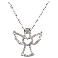 14k Gold Diamond Heart Angel Charm Pendent Necklace