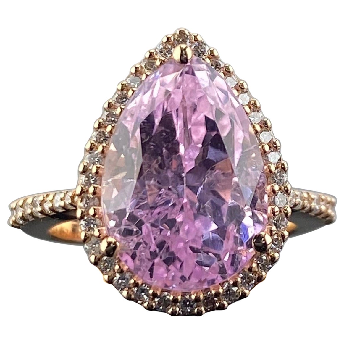 9.82ctw Pear Kunzite, Diamond Large Statement Halo Cluster Ring in Pink Gold For Sale