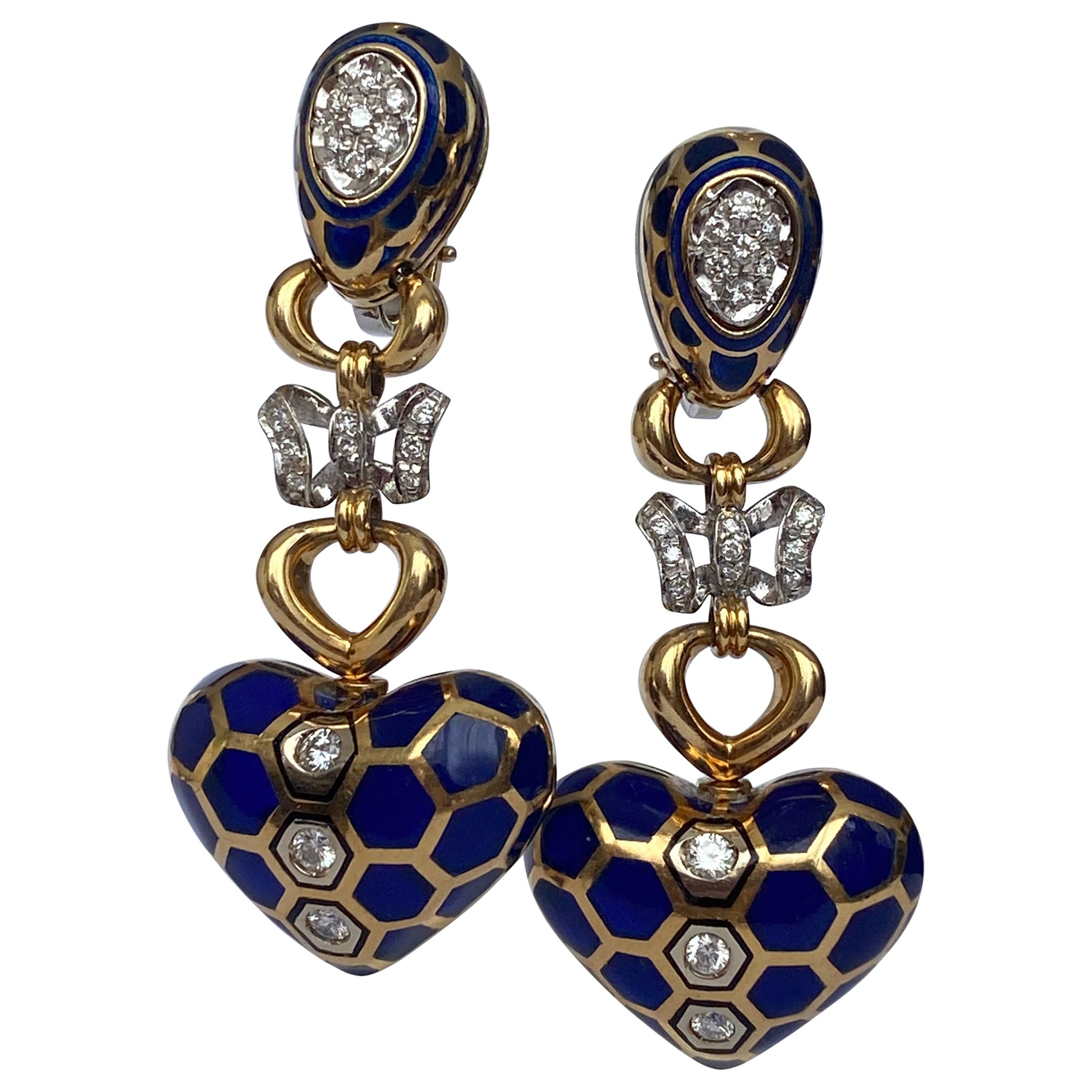 18 kt. Yellow gold and  enamel Earrings  with 1.40 ct Diamond For Sale