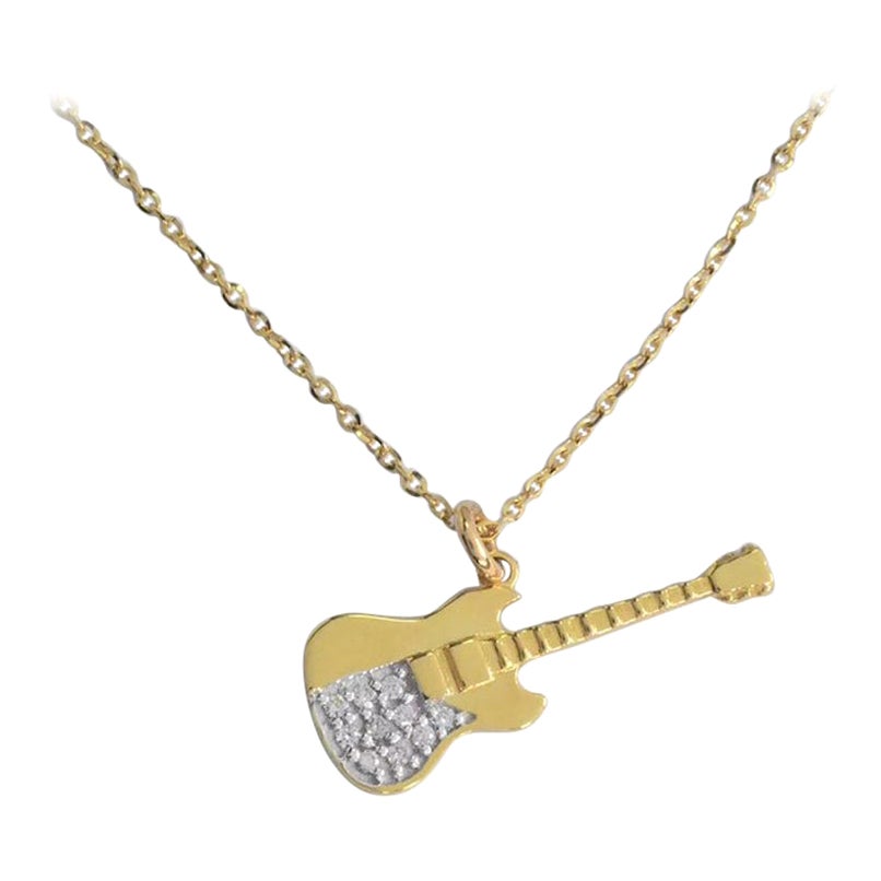 18k Solid Gold Diamond Guitar Charm Pendant Necklace Diamond Guitar Necklace For Sale