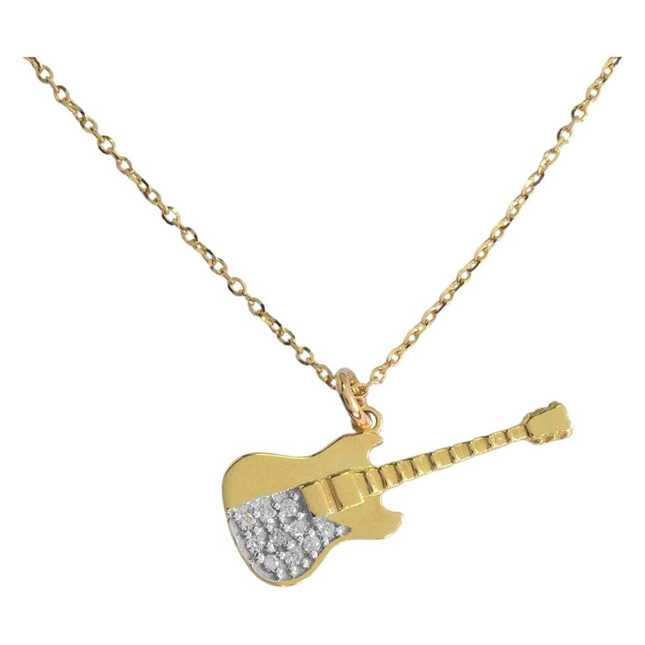 14k Solid Gold Diamond Guitar Charm Pendant Necklace Diamond Guitar Necklace For Sale