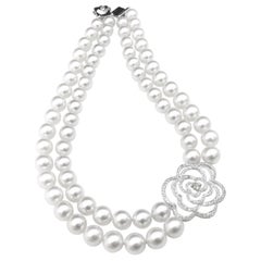 Floral Silhouette Diamond Pendant Double Strand White South Sea Pearl Necklace