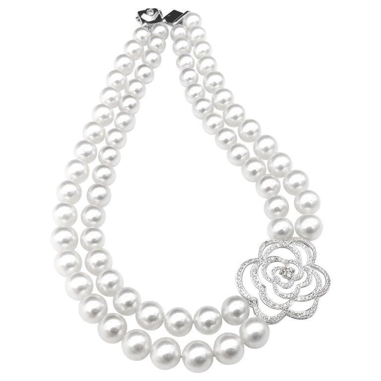 Floral Silhouette Diamond Pendant Double Strand White South Sea Pearl