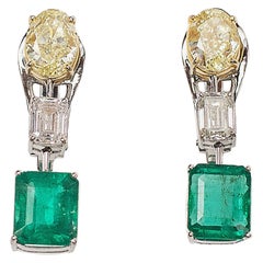 6.32 cts Solitaire Natural Fancy Yellow and White Diamond and Emerald Earring