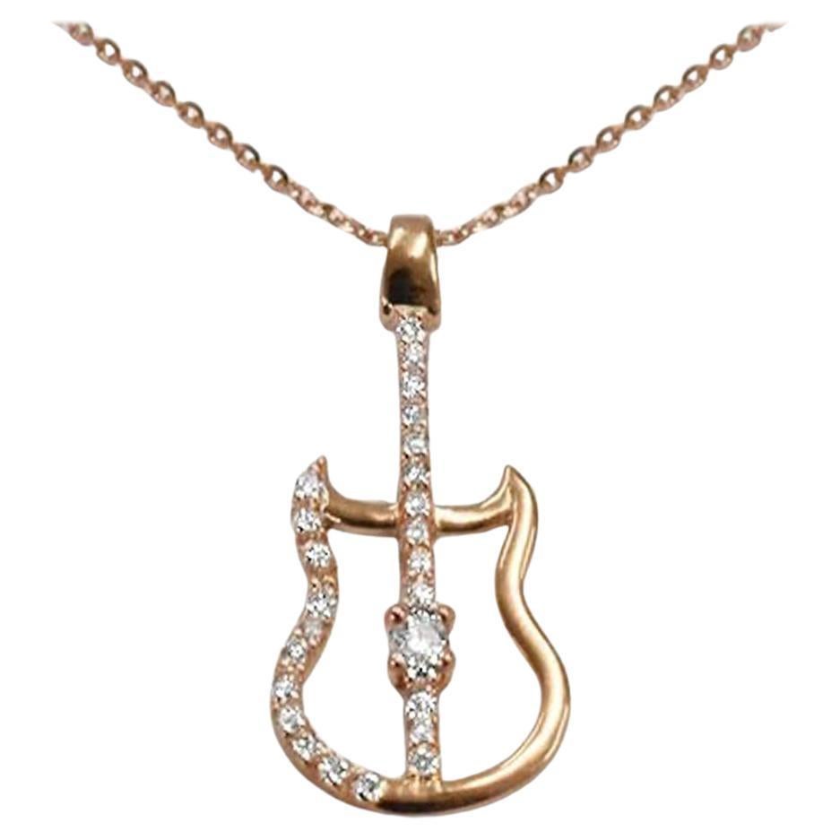 14k Gold Diamond Guitar Charm Necklace Guitarist Jewelry Music Lover Gift For Sale