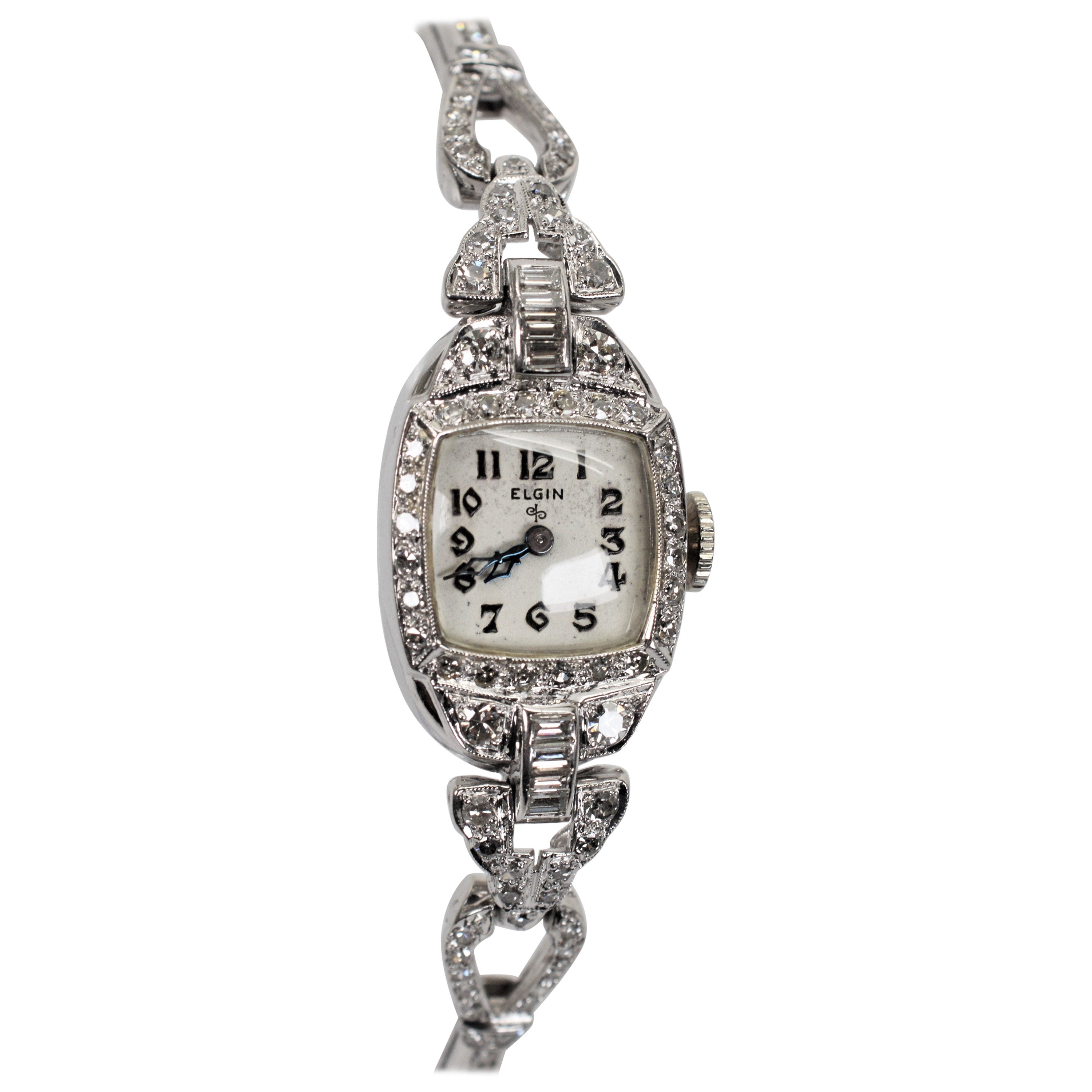 Montre-bracelet Elgin Art déco ancien pour femmes en platine et diamants