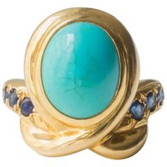 Rene Boivin Paris Turquoise  Cabochon Sapphire  Gold Ring