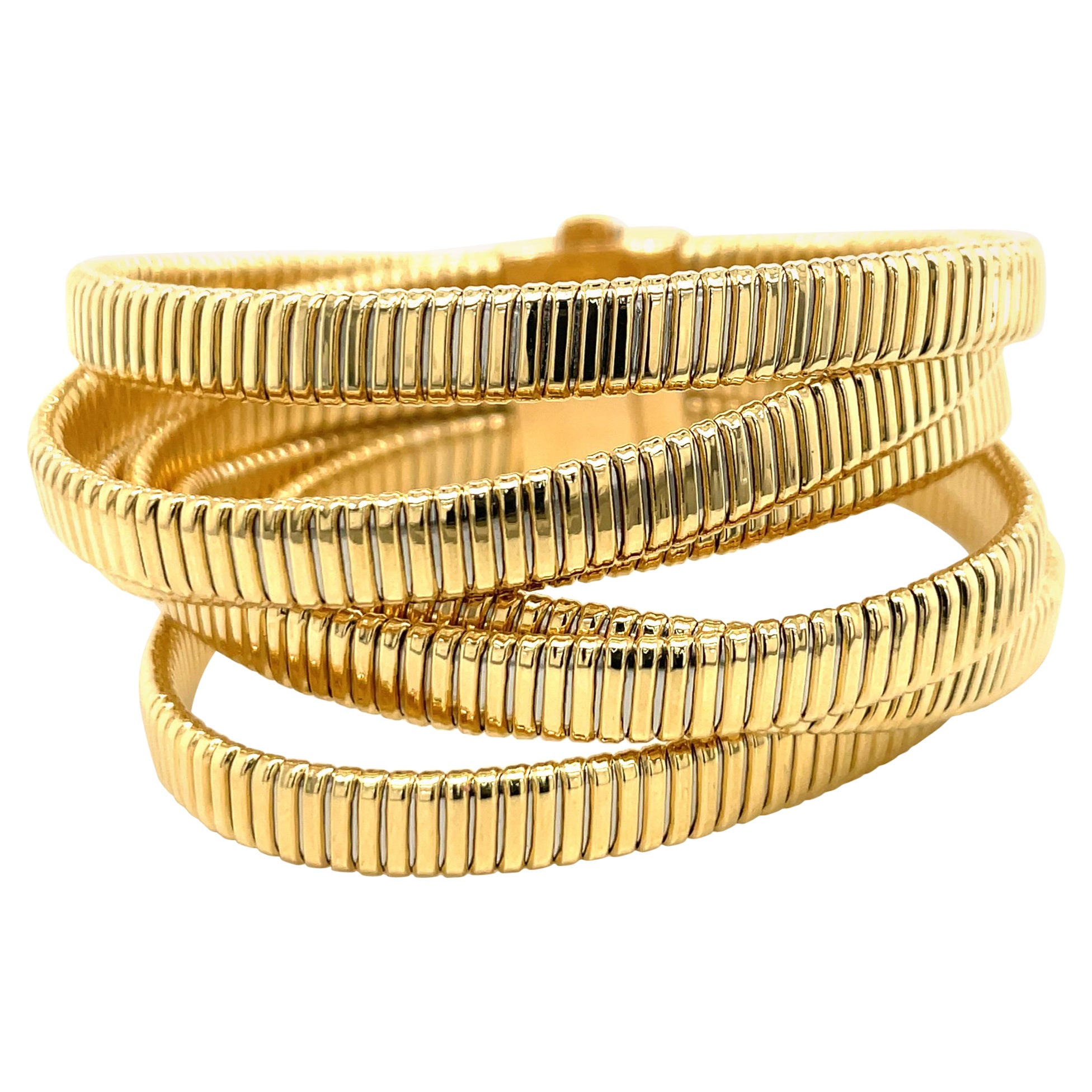 Italian 6 Multi Row Tubogas Wide Bracelet 18 Karat Yellow Gold 48.9 Grams For Sale