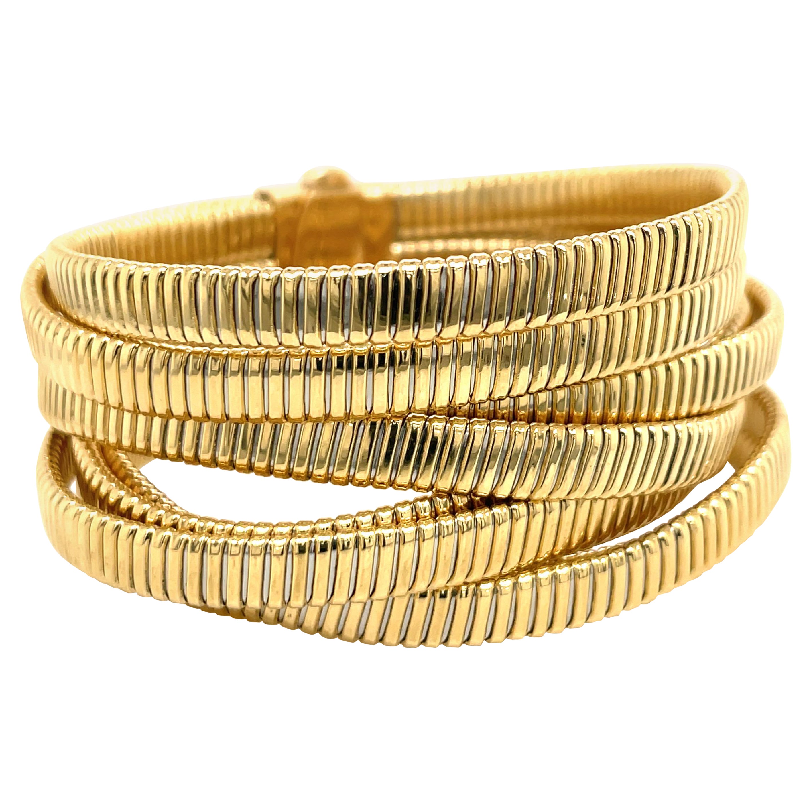 Bracelet large tubogas italien 8 rangées en or jaune 18 carats 66.1 grammes en vente
