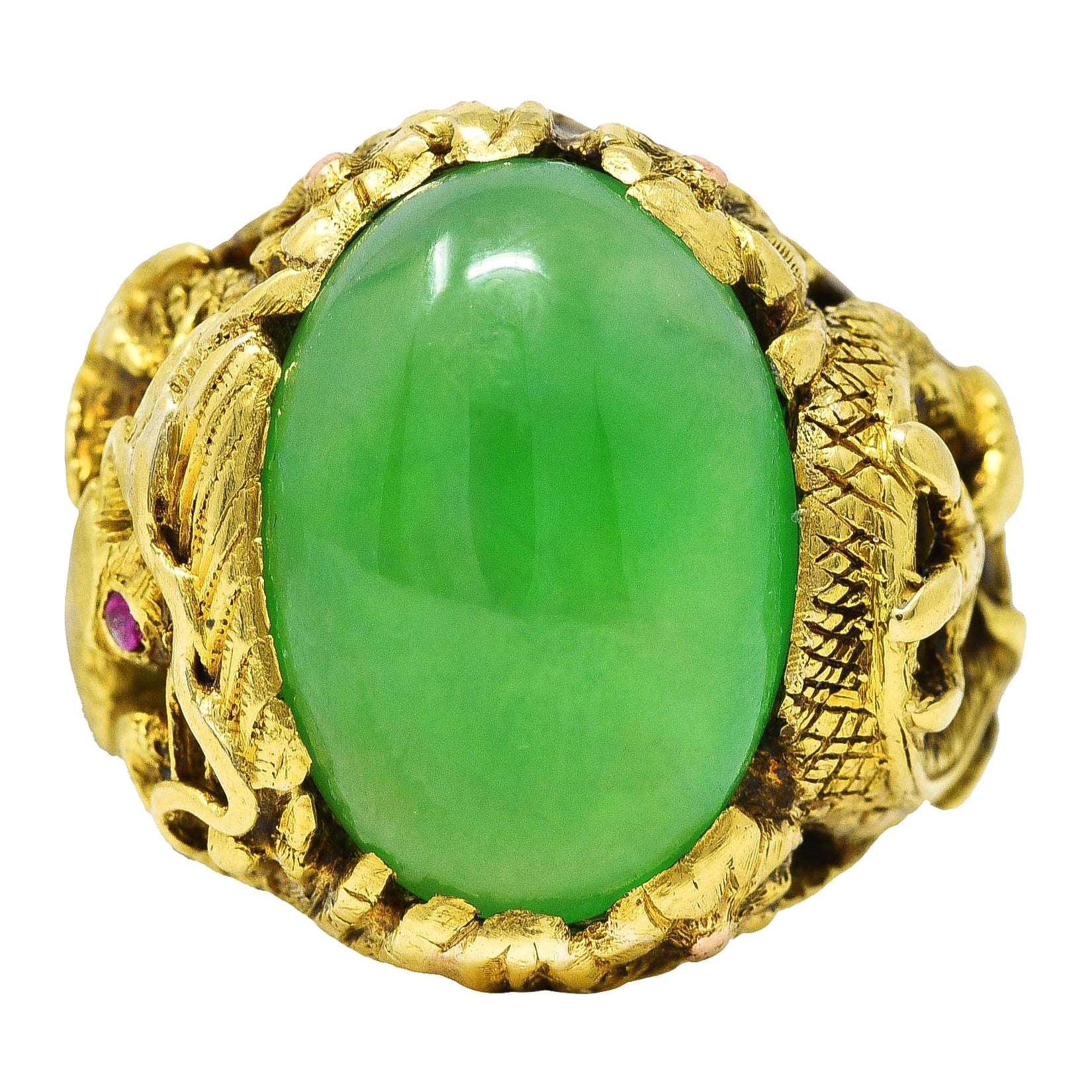 Art Nouveau Jadeite Jade Ruby 18 Karat Yellow Gold Dragon Antique Ring GIA For Sale