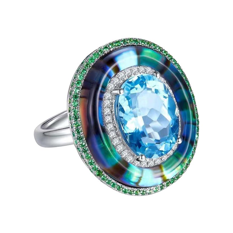 Eostre Aquamarine Tsavorite Abalone Shell, Crystal and Diamond in 18k White Gold For Sale