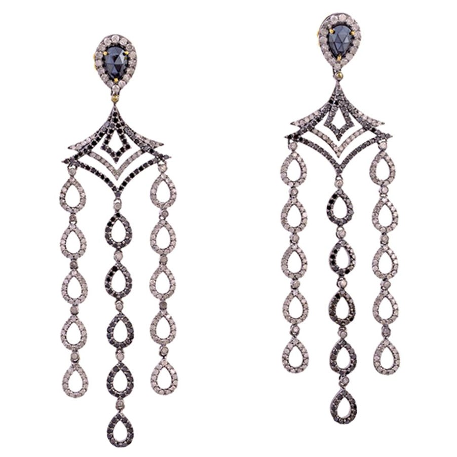 Black Spinel Chandelier Earrings with Diamonds Made in 18k Gold & Silver