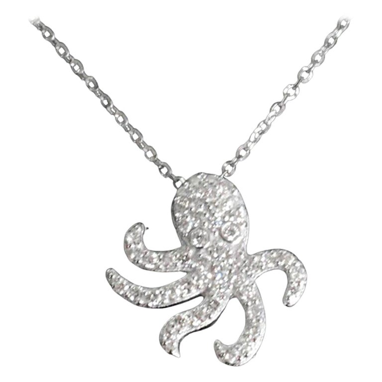 14k Gold Octopus Diamond Necklace Ocean Marine Life Jewelry For Sale at
