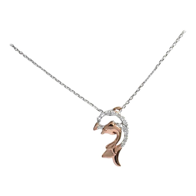 18k Gold Two-Tone Diamond Fish Necklace Ocean Dolphin Charm Pendant For ...