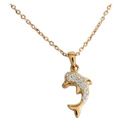 18k Gold Diamond Dolphin Necklace Sea Life Dainty Dolphin Charm