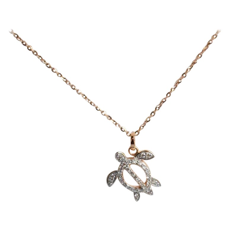 18k Gold Turtle Charm Necklace Lucky Turtle Diamond Pendant Necklace