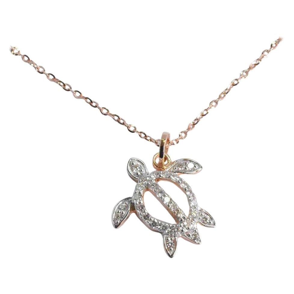 14k Gold Turtle Charm Necklace Lucky Turtle Diamond Pendant Necklace For Sale