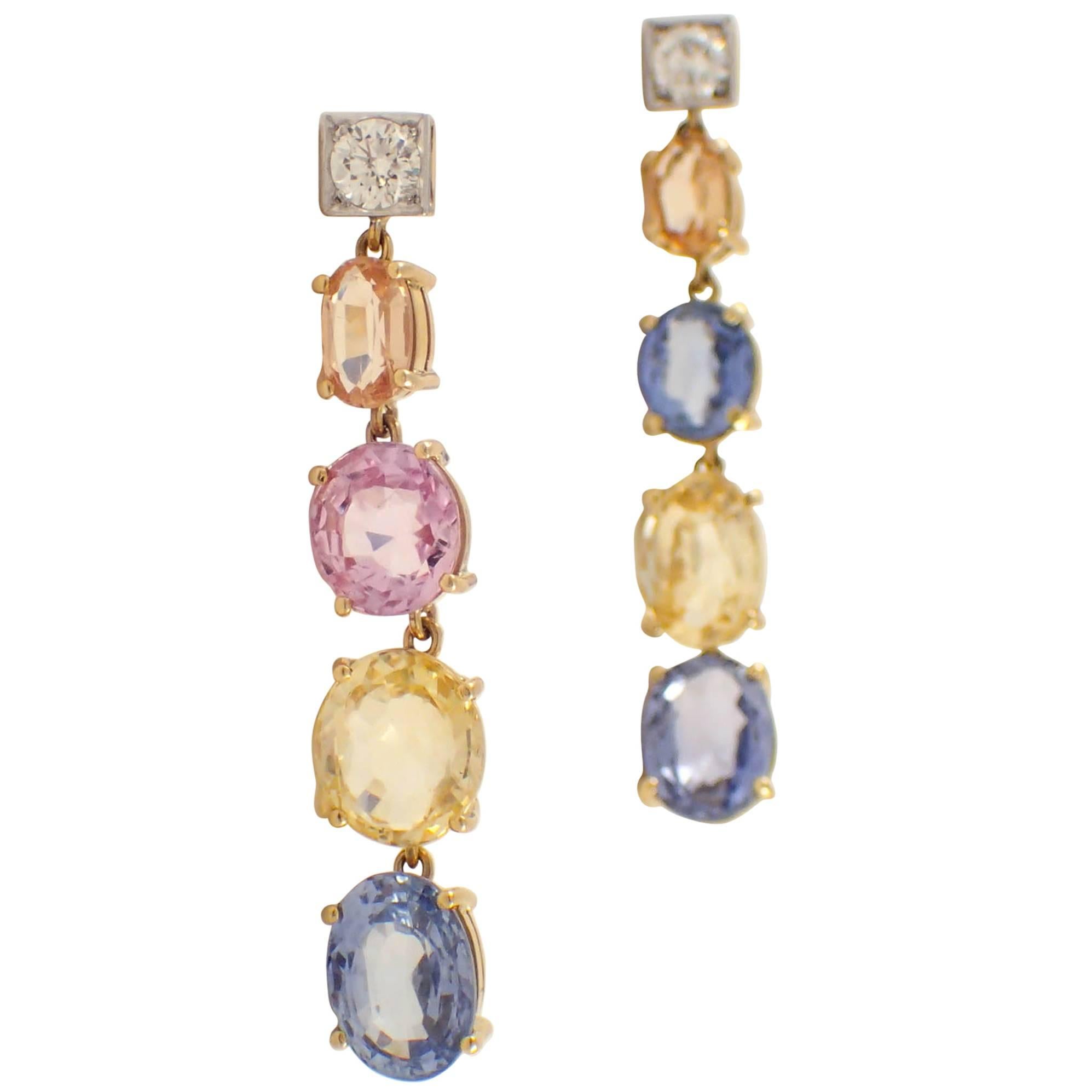 Multicolor Sapphire Diamond Two Color Gold Earrings  For Sale