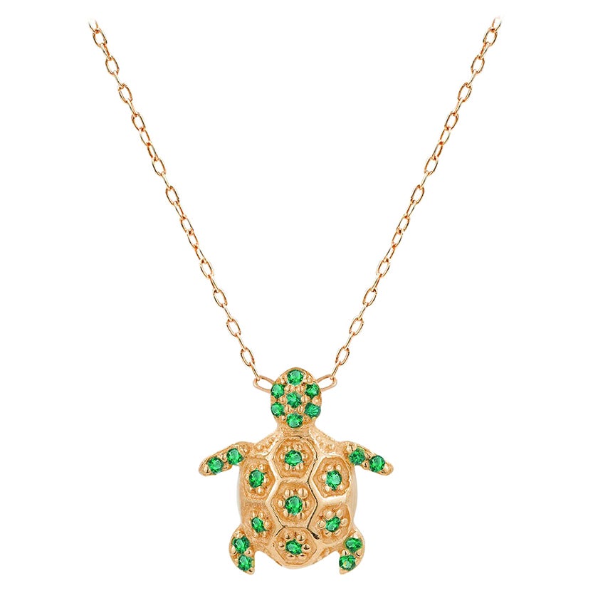 18k Gold Emerald Turtle Necklace Birthstone Gift For Sale