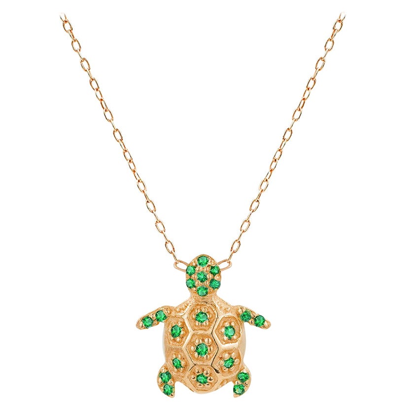 14k Gold Emerald Turtle Necklace Birthstone Gift For Sale