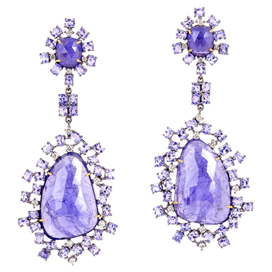Organic Shaped Tanzanite Drop Earrings With Diamonds Made In 18k Gold & Silver For Sale