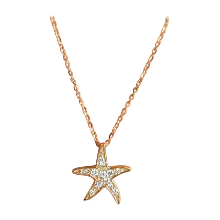 18k Gold Diamond Starfish Pendant Necklace Ocean Beach Jewelry For Sale