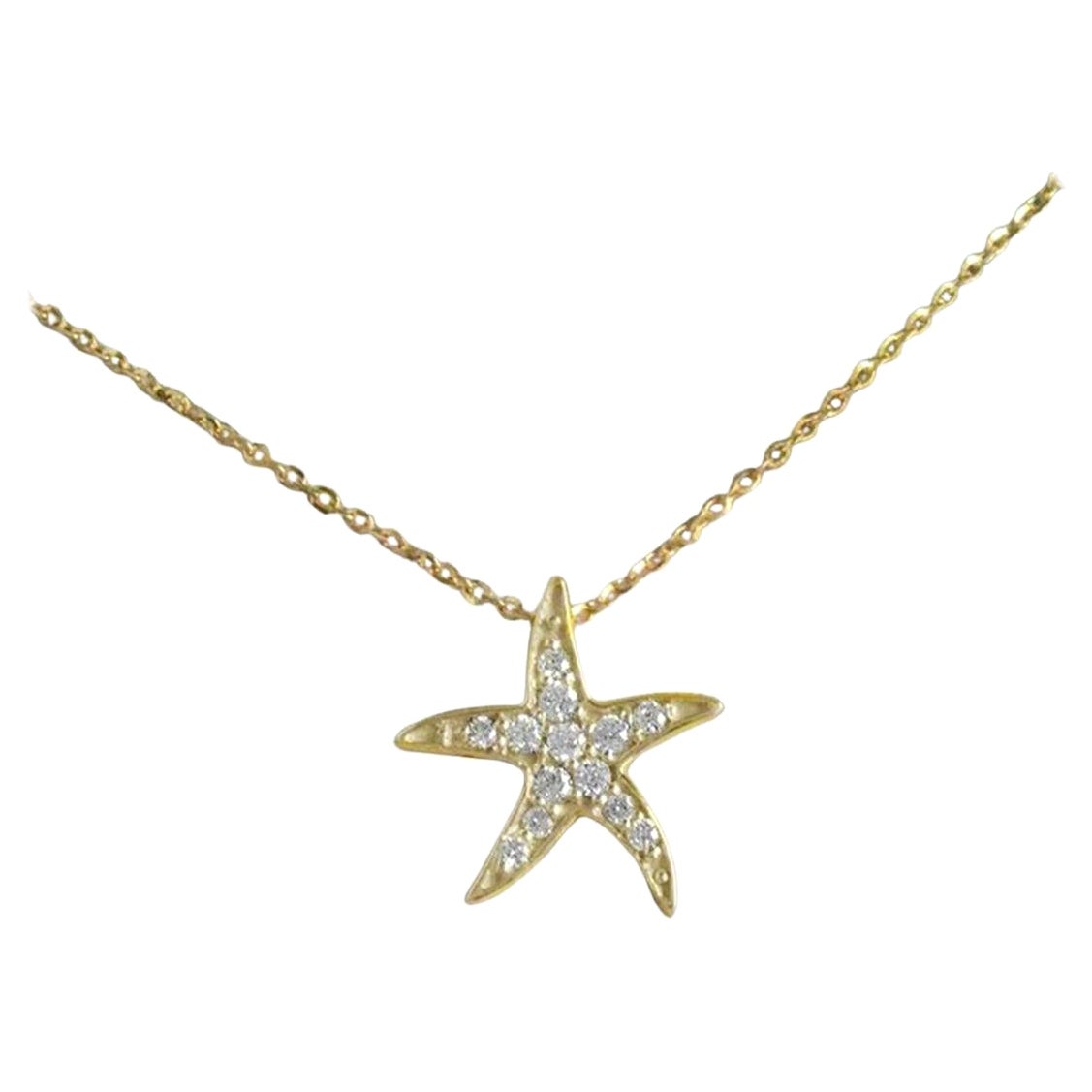 14k Gold Diamond Starfish Pendant Necklace Ocean Beach Jewelry For Sale