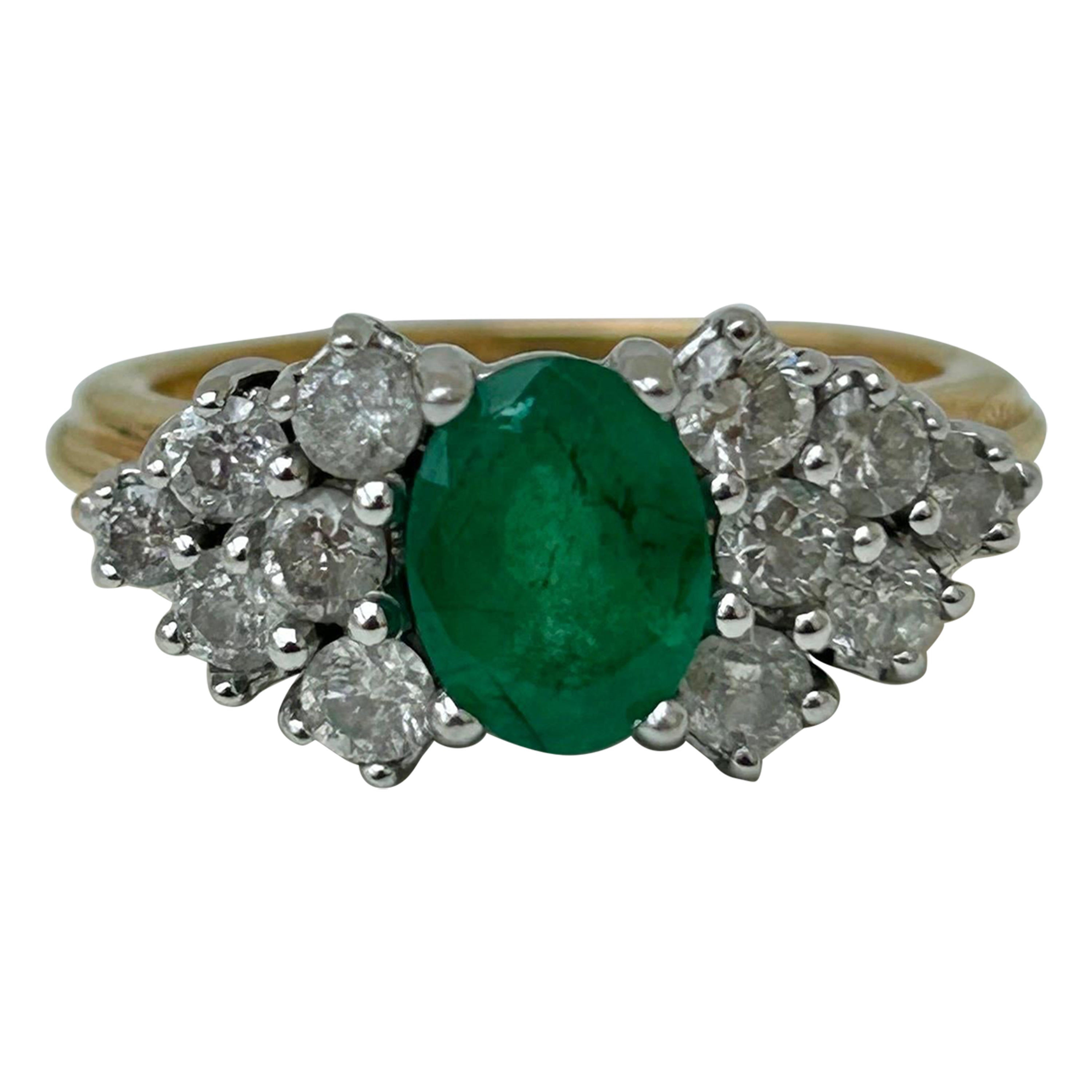 Vintage 18 Carat Yellow Gold Emerald and Diamond Statement Ring For Sale