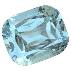 Used Exquisite Sea Blue Step Cushion Cut Aquamarine 5.45 Carats Gemstone Ring Jewelry