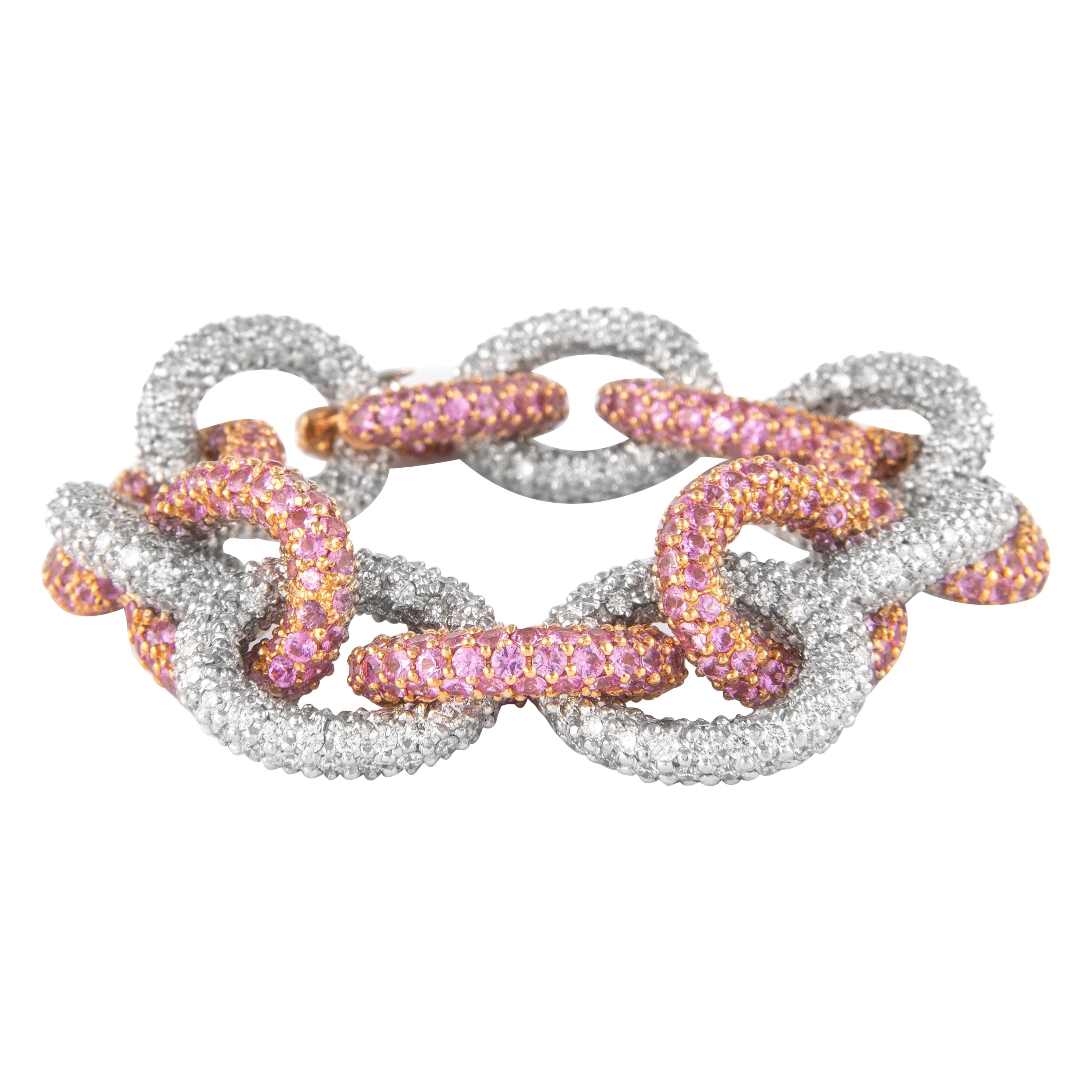 53.30 Diamond and Pink Sapphire Chain Pave Bracelet 18 Karat White & Rose Gold For Sale