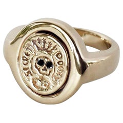 Memento Mori Style Signet Ring Gold Skull Black Diamond Crest J Dauphin