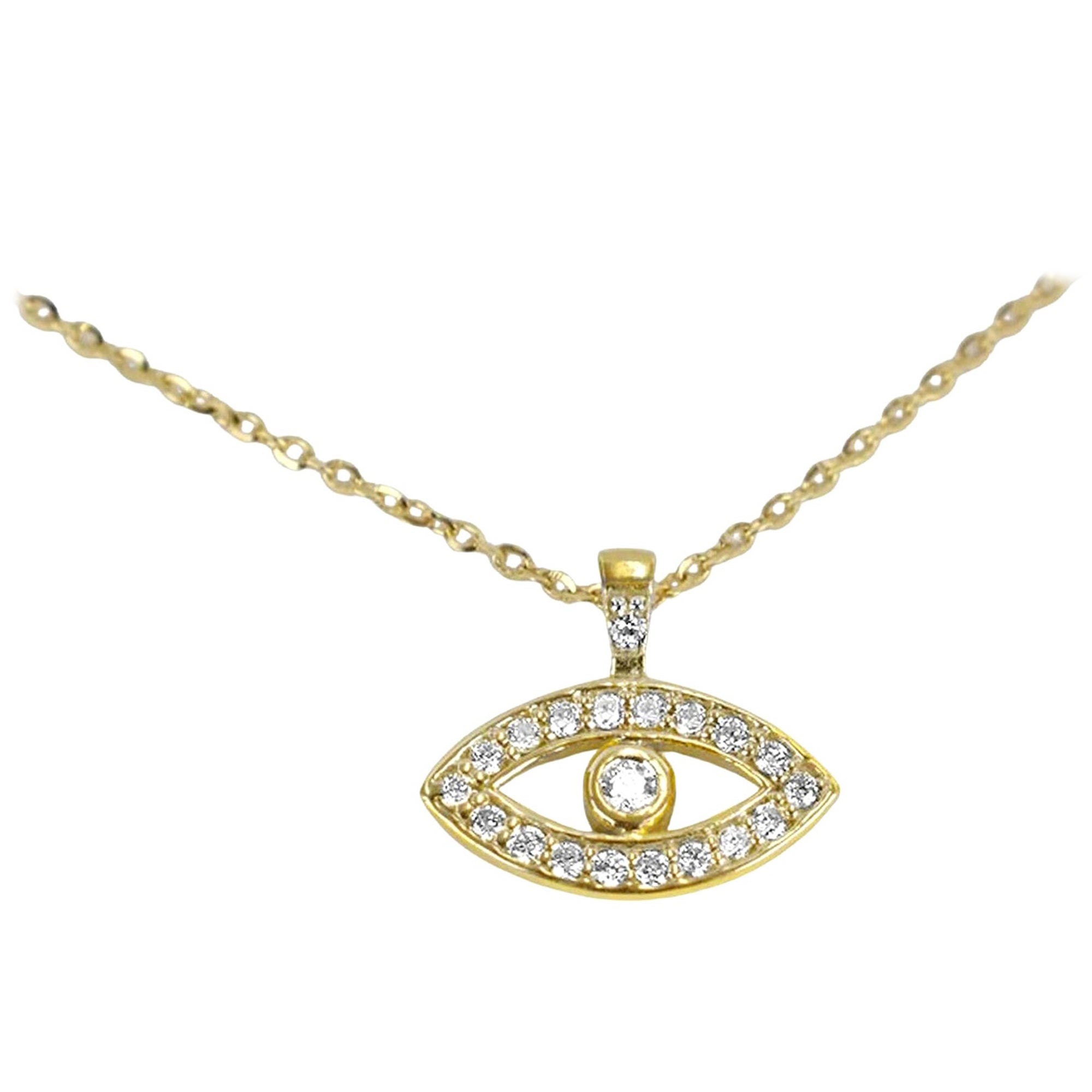 18K Gold 0.14 Carat Diamond Minimalist Evil Eye Protection Necklace For Sale