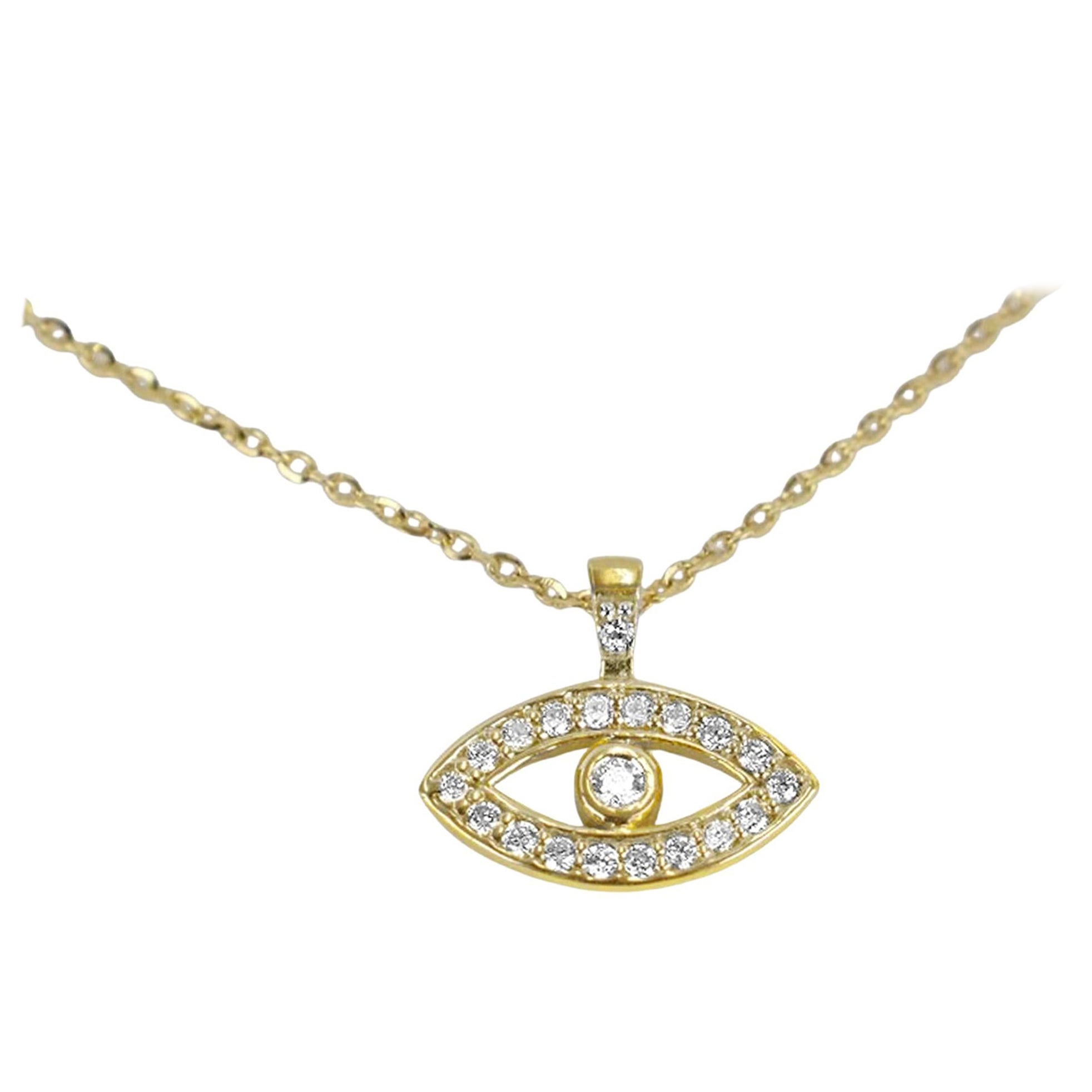 14k Gold 0.14 Carat Diamond Minimalist Evil Eye Protection Necklace For Sale