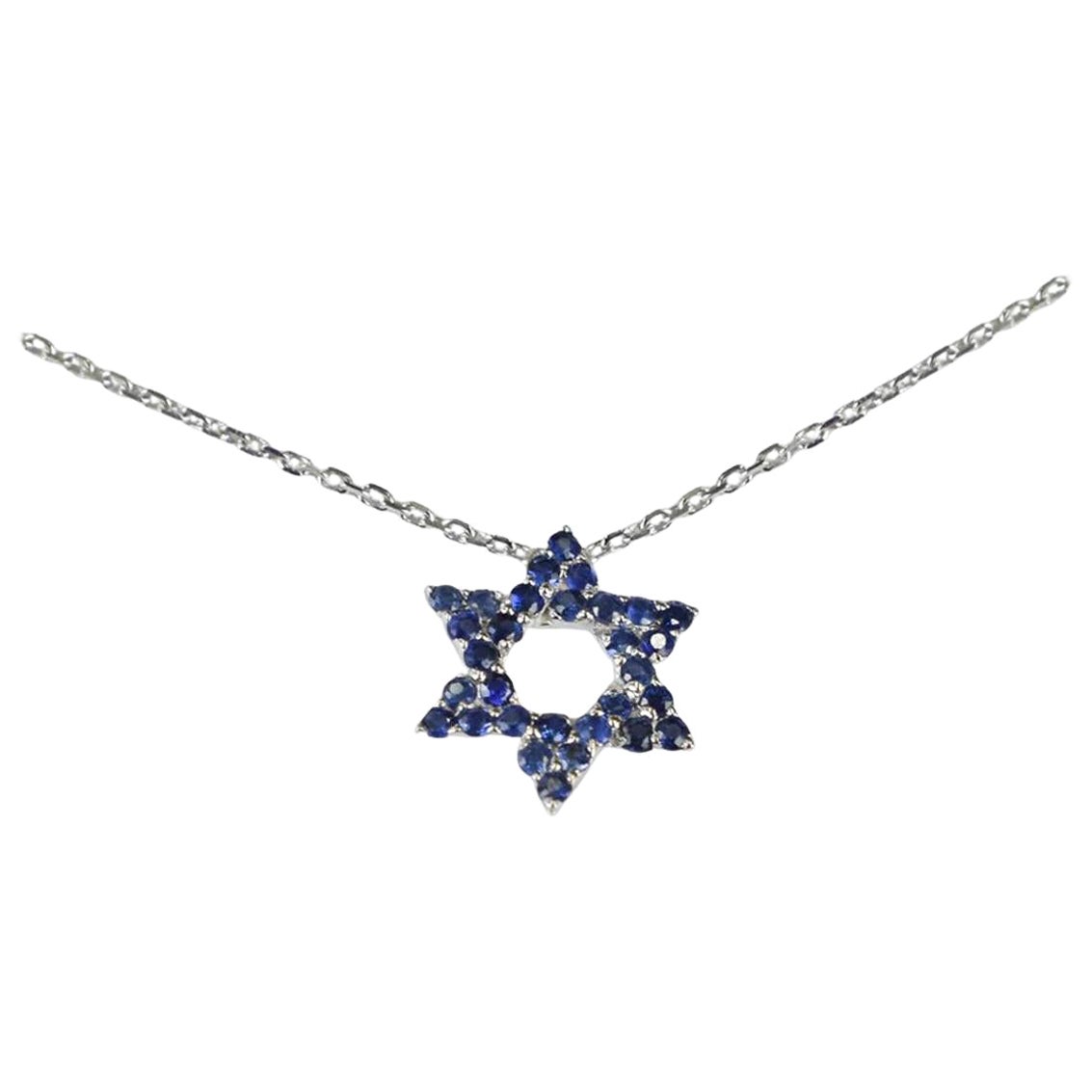 18k Gold Genuine Blue Sapphire Necklace Star of David Charm Necklace For Sale