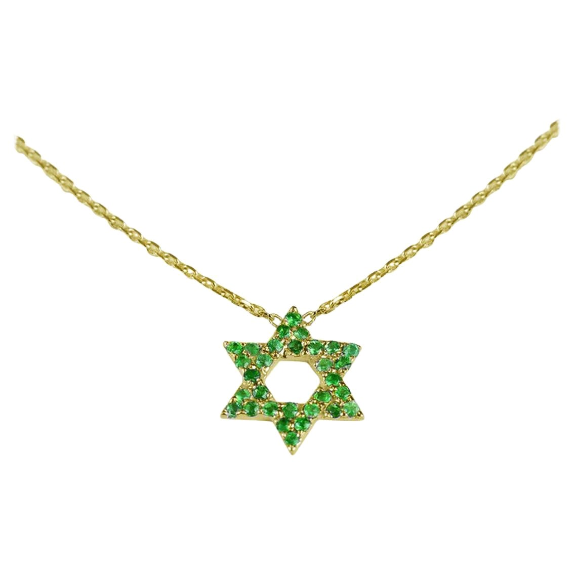 18k Gold Star of David Emerald Pendant May Birthstone Minimalist Necklace For Sale