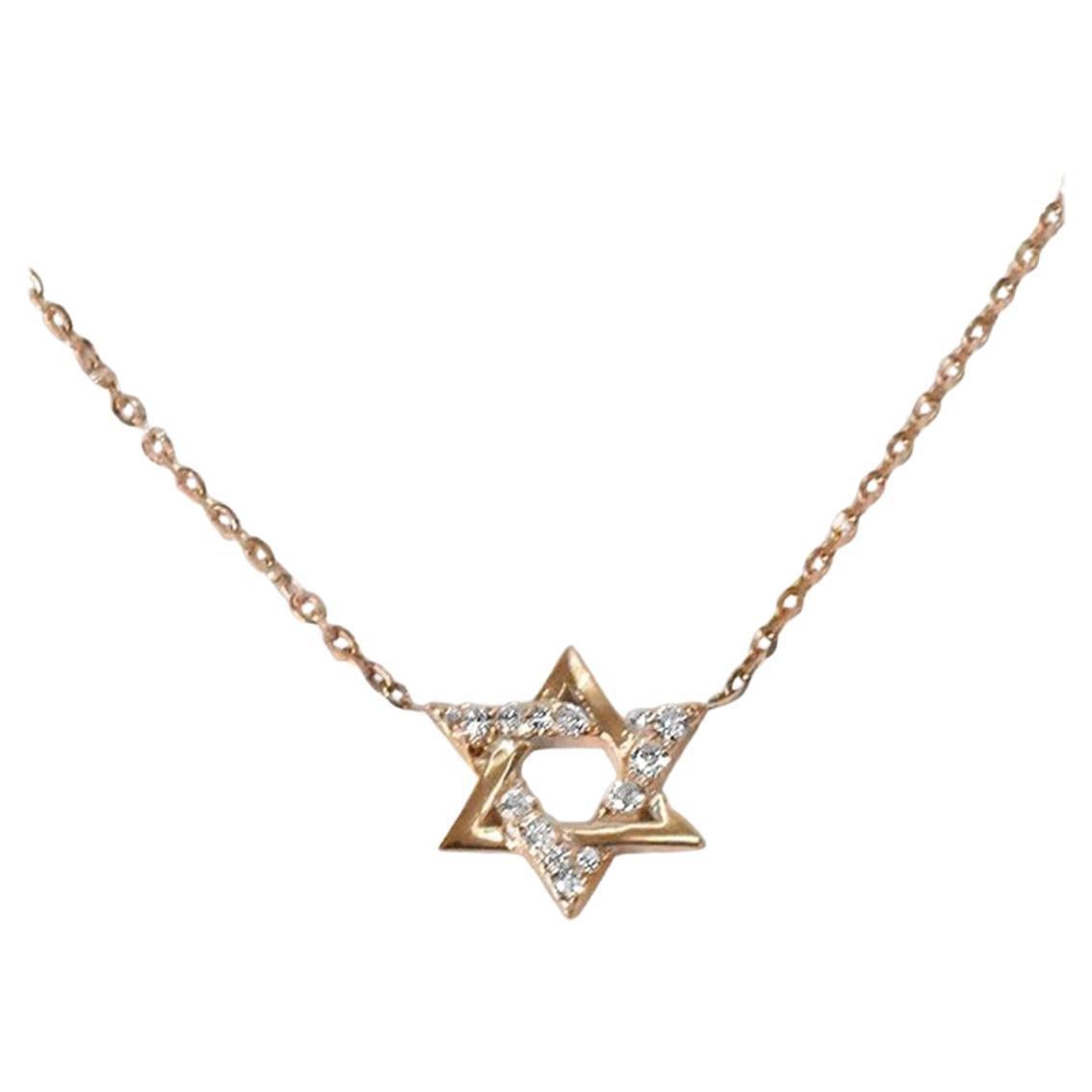 14k Gold Diamond Star of David Pendant Necklace Minimal Diamond Necklace For Sale