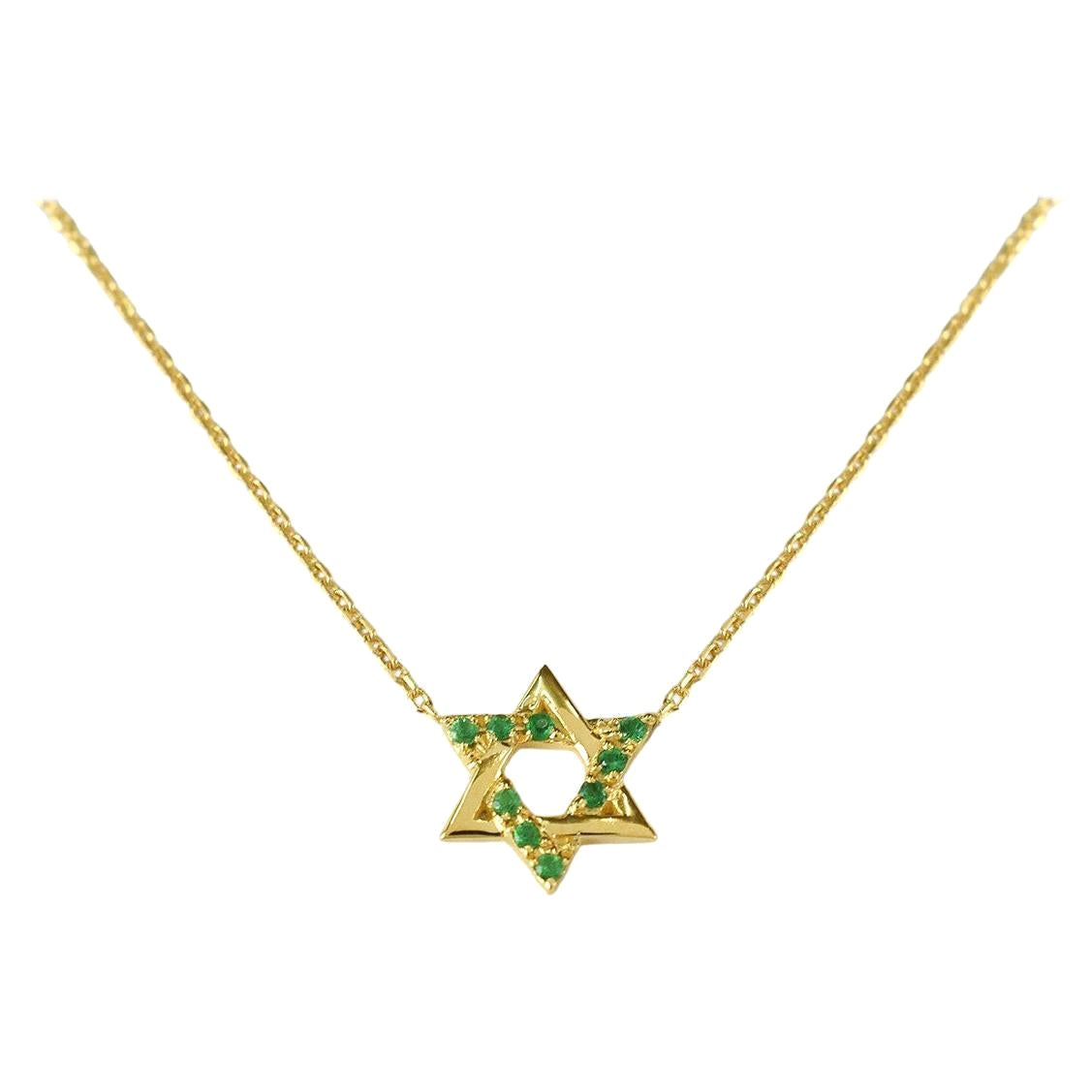 18k Gold Emerald Star of David Pendant Necklace Minimal Diamond Necklace For Sale