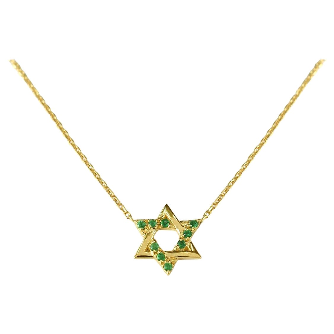 14k Gold Smaragd-Smaragd-Diamant-Halskette mit Davidstern-Anhnger Minimal