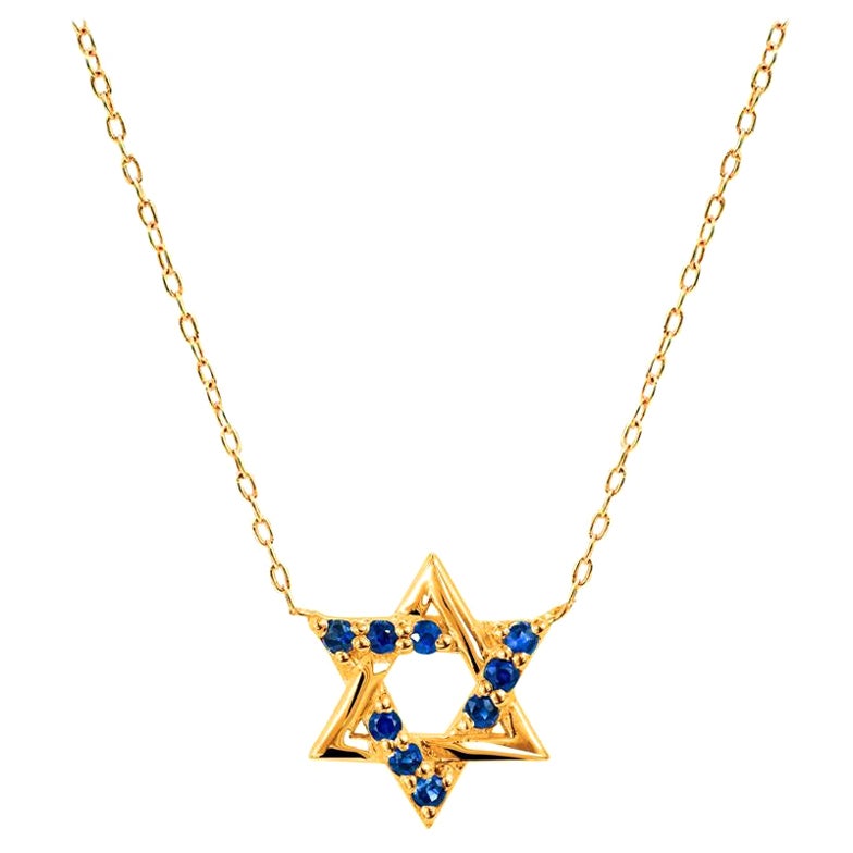 14k Gold Blue Sapphire Star of David Pendant Necklace Minimal Diamond Necklace