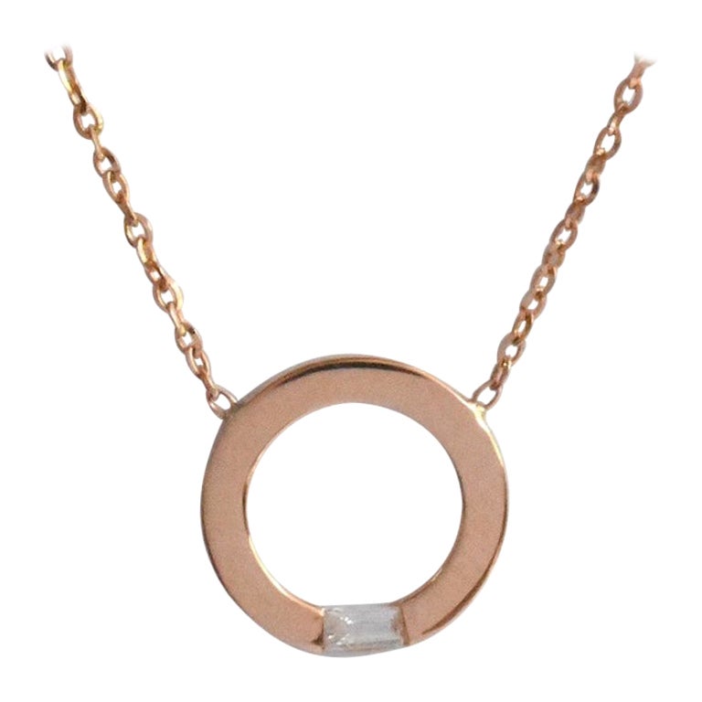 14k Gold Baguette Diamond Pendant Gold Circle Pendant Necklace with Diamond For Sale